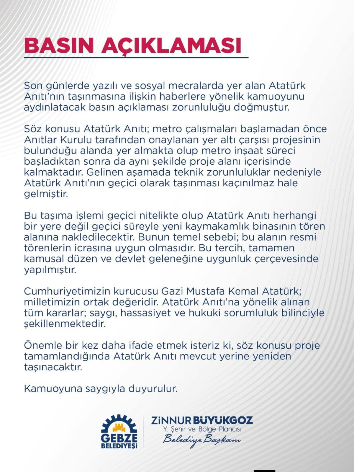 Gebze Belediyesi Atatürk Anıtı Dolayısıyla Açıklama Yaptı 